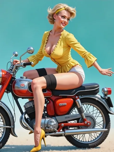 This image is a vibrant, digitally photorealistic illustration in a retro pin-up style. It depicts a woman with a curvy figure, fair skin, and styled blonde hair, adorned with a yellow headband. She is wearing a tight, bright yellow blouse with a low neckl...