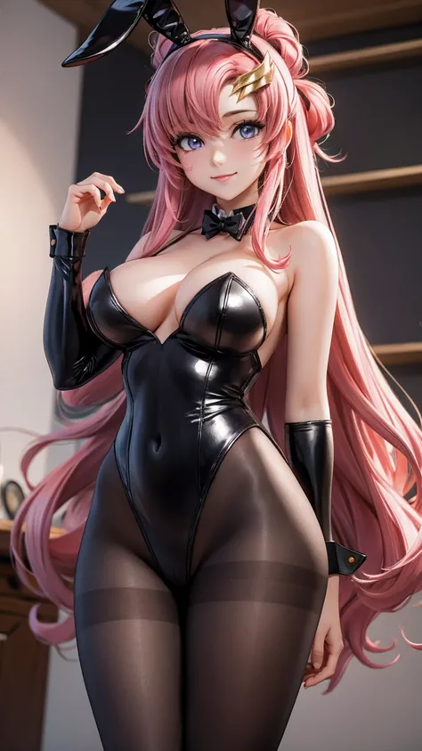 (masterpiece:1.3), (Highest quality:1.1), (8k, Super detailed), (Ultra-high resolution), (Anime Style), (Five perfect fingers), (Perfect Anatomy), One girl, long hair, Wavy Hair, Pink Hair, Purple eyes,   slim body, , thin legs, (golden playboy bunny), (bl...