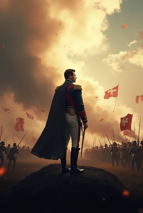 Begin with a powerful shot of a battlefield engulfed in cannon smoke, with flags fluttering in the wind and soldiers charging into the fray. Focus on Napoleon, standing tall and commanding from a hill, surveying the scene with unwavering confidence. Enhanc...