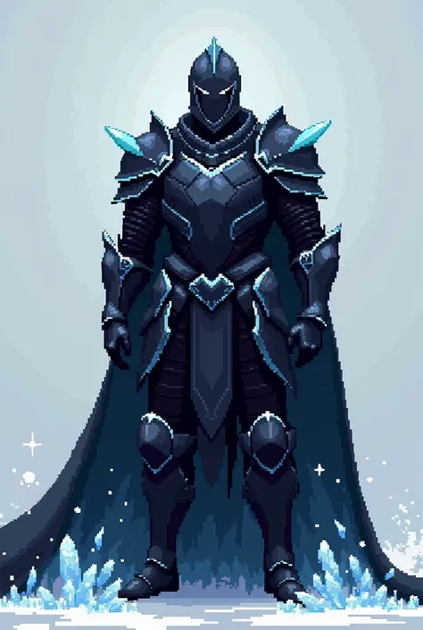 Create an animated pixel logo of a knight with black armor and ice details