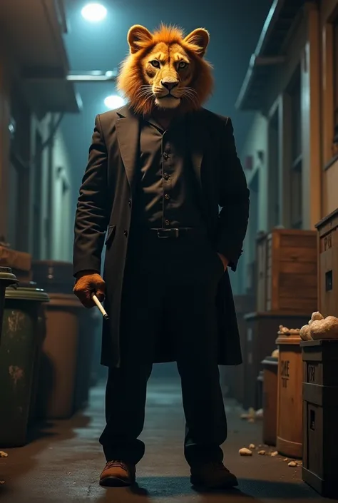 
A lion body with a human body ,  wearing a dark black suit and a buttoned shirt , Streetlight casts eerie shadows, Fox and Puma. They are surrounded by a pile of wooden crates and trash cans, Bobart standing in a dark alley with his gang.  The lion has a ...