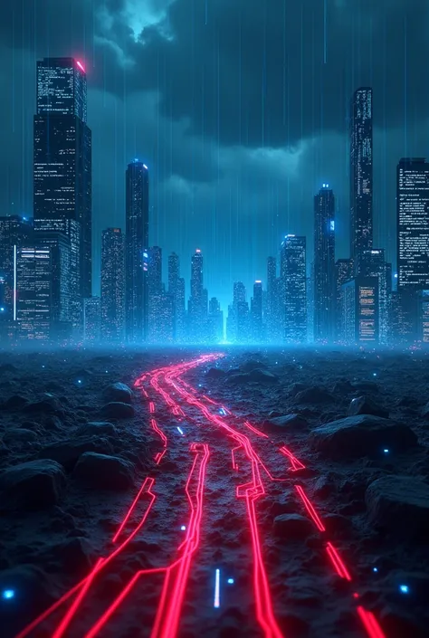 A dark, futuristic digital landscape, resembling a battlefield. Glowing neon blue and red lines flow across, representing data streams clashing like armies. In the background, skyscrapers made of glass and screens rise, showing distorted images and social ...