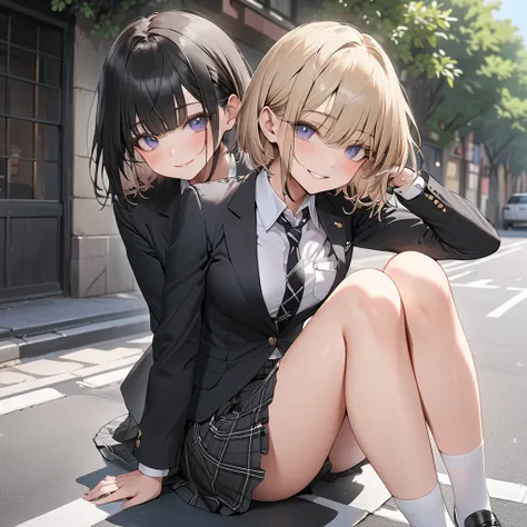  one high school girl、smile、、Beige Hair、 shorthair、 small breasts、Black blazer、Regular necktie、Black gloves、 black plaid mini skirt with short black hair and long black hair、 beautiful thighs、 white socks 、 Black Loafers 、Residential Street,( perfect anato...