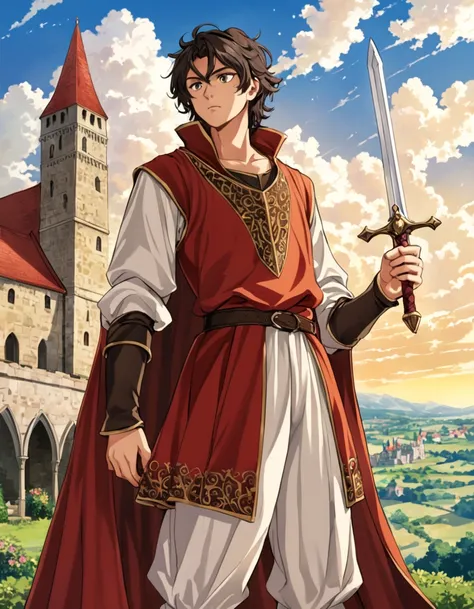  A 17-year-old teenage boy with slightly disheveled dark hair ,  wears a medieval European-style noble outfit in red and orange and white.  His appearance exudes authoritativeness but looks a little lazy .  He holds a sword in his hand , stares sharply at ...