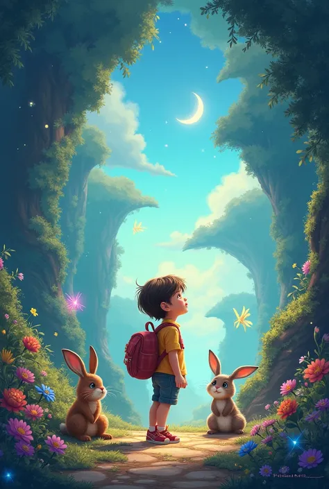 Create me a cover for a rens book Journey to the World of Dreams where the main character is a  and next to 1 bunny and 1 fairy