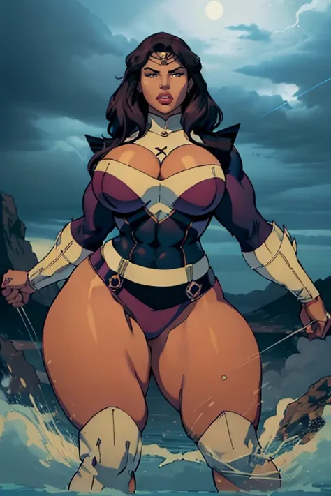 (masterpiece), (best quality), ((Nicki Minaj)), makeup, (brown skinned female), (thick thighs), (disproportionally huge muscular thighs:1.5), ((spherical shaped breasts:1:1)), ((wide waist)), hair with bangs, ((storm from x-men outfit)), ((grey background)...