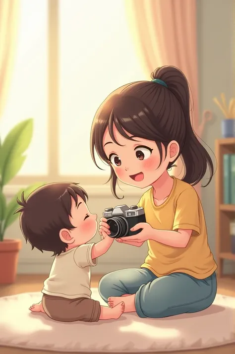 Anime style Mom with the camera and the baby trying to take it