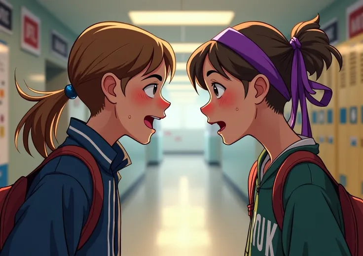 A high school student wearing a baseball jacket with light brown ponytail hair and a well-worn student with a purple long headband arguing