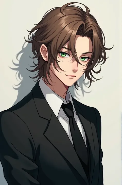 Male Anime with hazelnut hair, emerald eyes, and a cool suit.