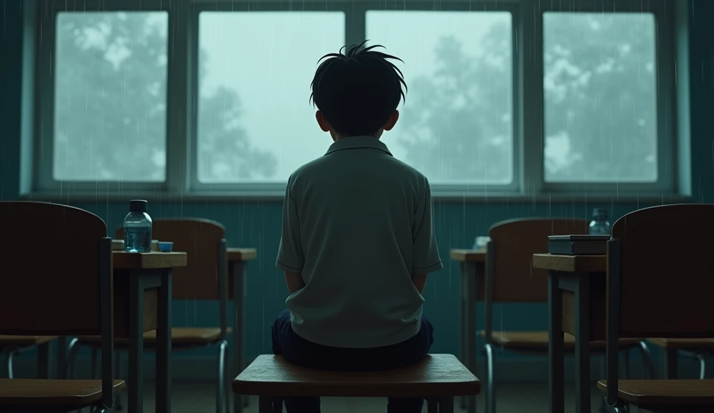 A ten year boy sit on the bench in the class with sad fase, view from his front side ,environment with rainy cloudy, overcast skies, adding to the melancholic tone.