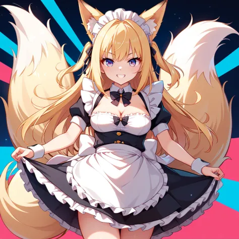 (masterpiece, best quality:1.4), (8k, ultra-detailed, anime style:1.2), cute young girl,  bright and colorful background,medium breasts , (anime:1.3), High quality anime style girls、Fluffy yellow hair、Fluffy fox ears and tail in the same color as her hair、...