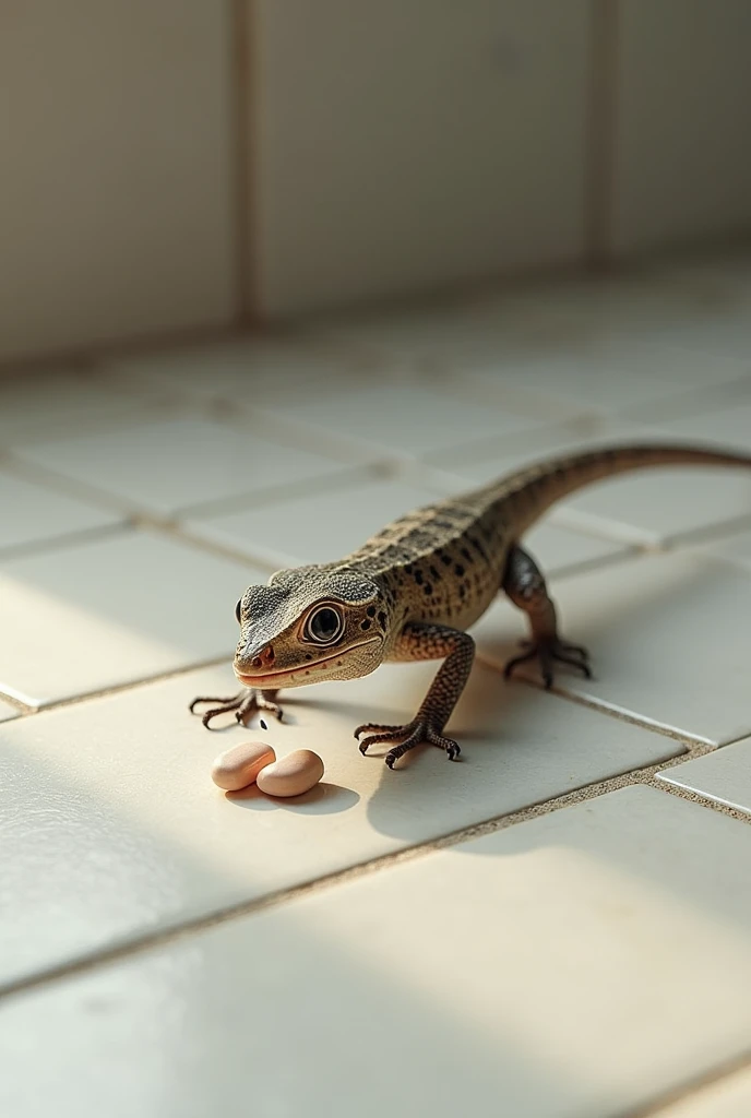 A lizard crawling on tiles while try to eat a small tablet or medicine which fall down