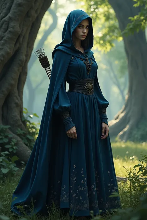 Make an hooded   dark blue hunter elf girl in a  dress from 
Middle Ages 