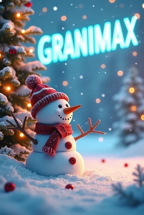 Winter landscape with Christmas decoration and a happy snowman and the word Granimax in blue 