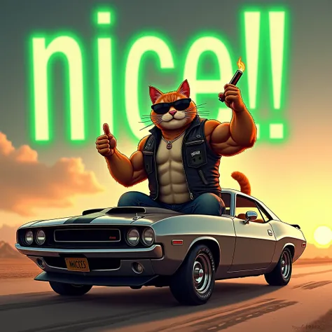 「Nice!!!」
Prompt: A massive cat in a stylish biker vest, sitting on the hood of a sleek, muscle car. It holds a lit cigar in one paw while giving a thumbs-up with the other, its biceps flexing dramatically. The cat’s sunglasses reflect a bright sunset, add...