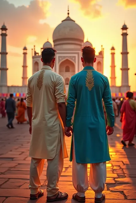 Create a vibrant and detailed image of Cristiano Ronaldo and Lionel Messi together in India. They are standing in front of the iconic Taj Mahal at sunset, wearing traditional Indian attire—Messi in an elegant blue kurta and Ronaldo in a cream-colored sherw...