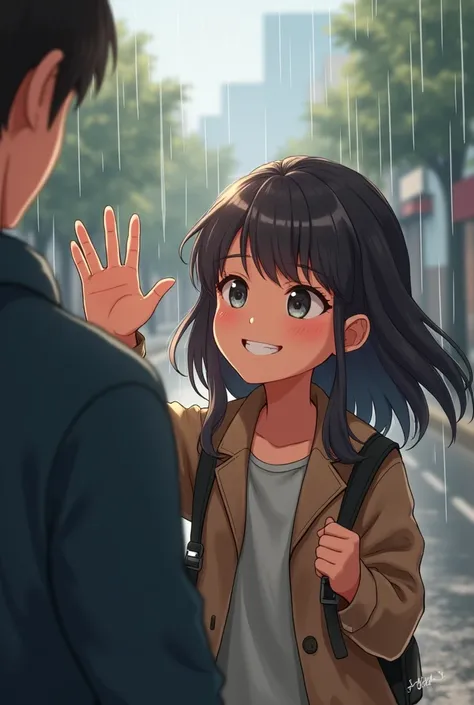 The young adult waves goodbye to the stranger as they part ways, both smiling genuinely. The background shows the rain beginning to lighten up, hinting at brighter days ahead."