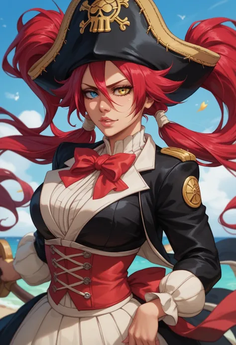 Marine cosplays as a pirate. She has crimson red hair, tied into twintails with laced ribbons, topped with a removable pirate hat. She has heterochromia, with her left iris being golden, and her right iris is red. (Bleach art style)