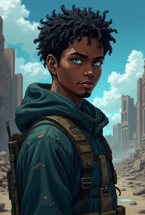 A black man with curly hair, blue eyes and black hair in the post-apocalypse world,anime version 