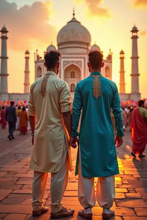 Create a vibrant and detailed image of Cristiano Ronaldo and Lionel Messi together in India. They are standing in front of the iconic Taj Mahal at sunset, wearing traditional Indian attire—Messi in an elegant blue kurta and Ronaldo in a cream-colored sherw...