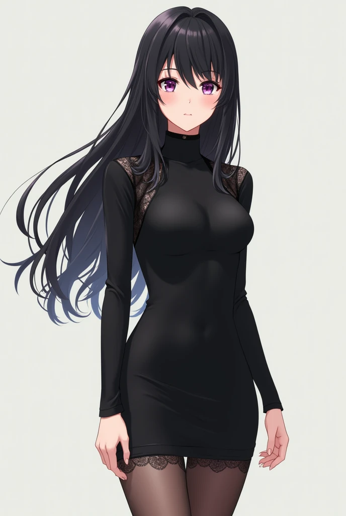 Anime Girl in black tight long sleeve dress with high heels with tights with black hair 