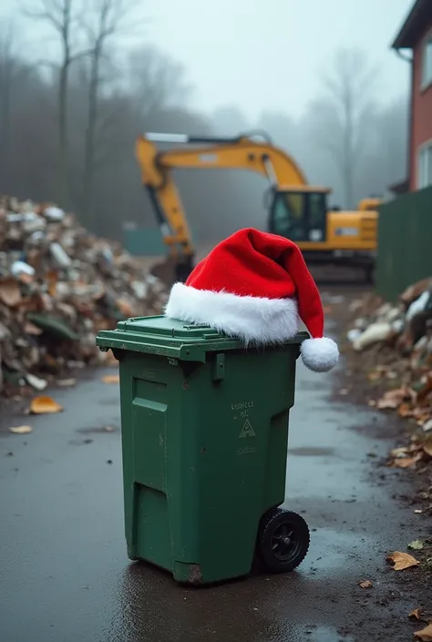 You are a professional photographer and make a realistic 4k . picture of a small 120l garbage can that has a Santa Claus hat on ,  in the background you can see a construction yard for garbage disposal ,  it should be a post for Instagram to greet Nokilaus