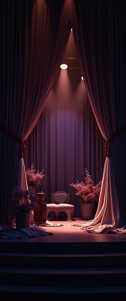 A theatre backdrop for a performance, done in soft blue tones, similar to a stage set, conveying the essence of a dramatic show. The stage should evoke the feeling of a live performance with abstract elements such as delicate curtains, musical instruments ...