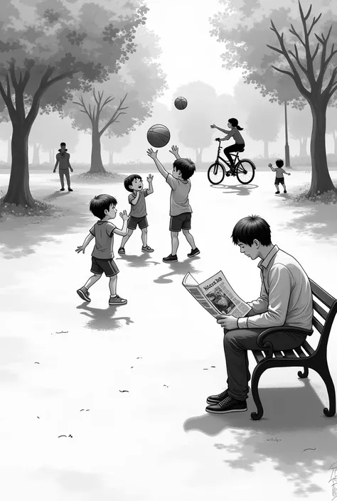  I want to create a drawing image in black and white to color of a park with two ren playing basketball on the left, a man reading a newspaper on a bench on the right , two ren playing to throw a ball in the background on the right and a woman riding a bik...