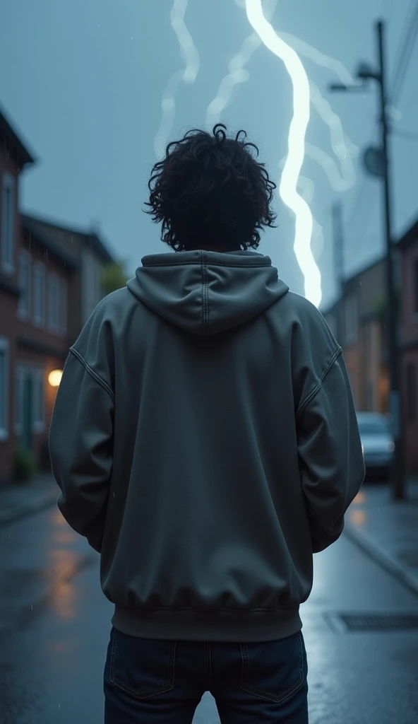  A person  (gender-neutral )  standing in a broken hoodie on a deserted street on a rainy day.  A lightning strike lights up the sky ,  and the person resolutely raises his head .  The scene changes in slow motion to the same person in stylish ,  lighter c...