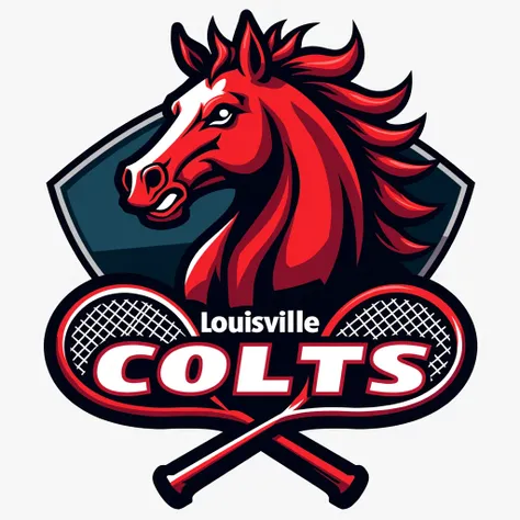 race horse action full body mascot high school sport type modern rage energy speed type  emblem logo with 2 small Squash sport racket  in bottom logo with name "Louisville Colts "  line art logo similar  to lamborgini and ferrari logo