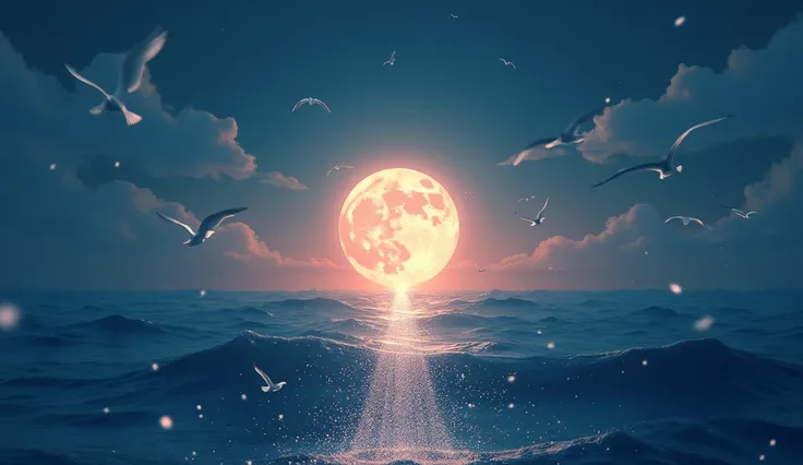 A poetic transition as the moon slowly begins to sink toward the horizon. Small, glowing particles drift upward from the ocean, creating a bridge between the water and sky. Silhouettes of seagulls or other birds pass through, accentuating the feeling of fr...