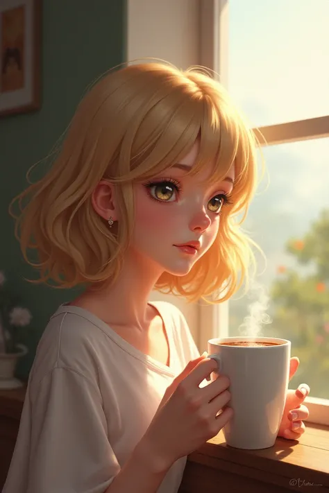  Create a picture of a woman with 38 chin-length blonde hair. She looks out the .  window and drinks a coffee 