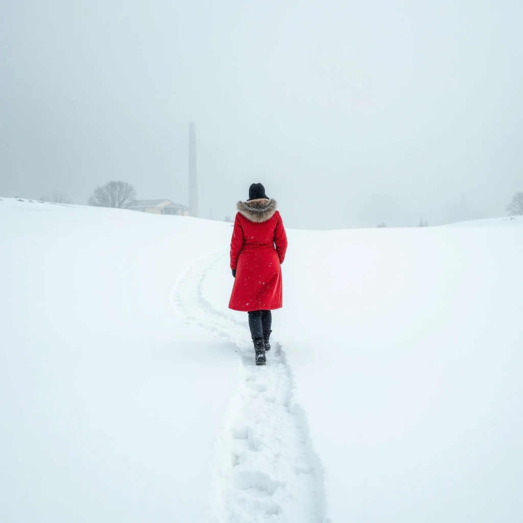 Create an evocative image of a woman wearing a vibrant red coat walking through a pristine snowy landscape. The scene captures her from behind, focusing on her solitary journey across the untouched snow, leaving a trail of crisp footprints behind her. The ...