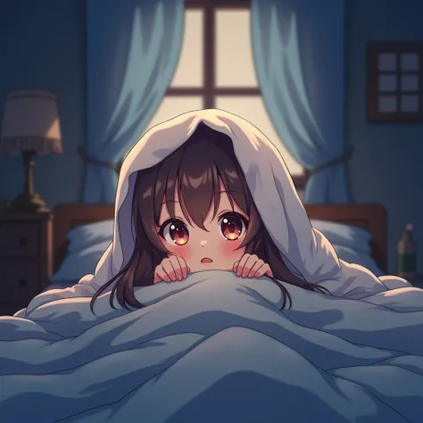 An anime illustration of a cute  girl, a cartoon character hiding under the cover in her bed in her dark room with long brown hair wearing pajamas