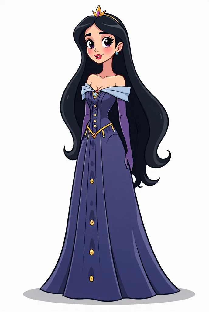 character with line art cartoon princess woman black hair with dark bluish purple long dress full body white background. 