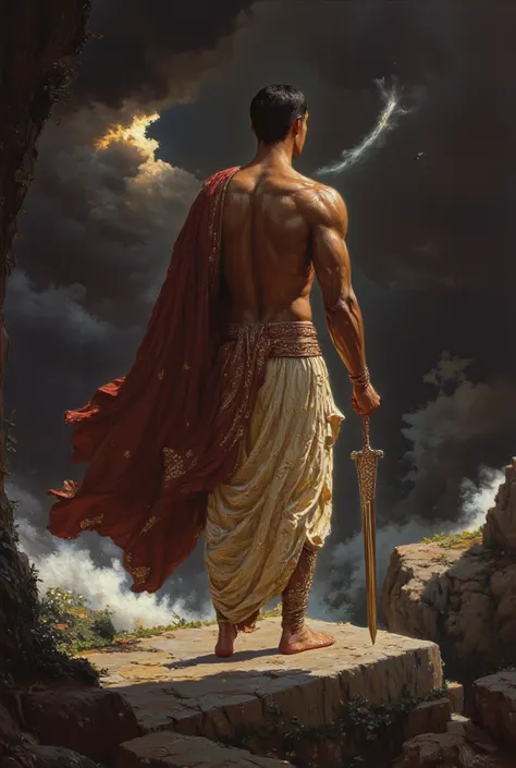 A stunning Baroque/Renaissance-style painting of a muscular South Asian (Desi) man standing dramatically, viewed from behind. His broad, well-defined back and muscular shoulders exude power and sensuality, illuminated by soft, golden light. He holds an orn...