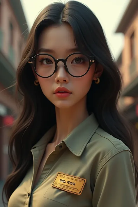 A 3D vintage-style portrait of a Korean woman with long, dark hair wearing stylish glasses. She has an intense gaze directed and has a golden label with big the name "Eny Rusilowati" in of her shirt the left. The composition is a close-up shot, highlightin...