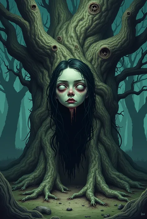 I need a cartoon image in a darkfont which should be scary by this prompt,
Nightmare sequence: A surreal, dreamlike version of the scene, with twisted branches forming ghostly faces and the womans decayed face blending into the roots.
