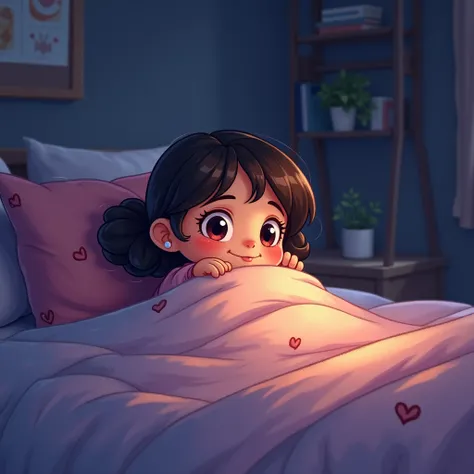 A cartoon illustration of a cute cartoon character of an  girl, Shaya Bani Taweel, wearing pajamas, hiding under the cover in her bed in her dark room