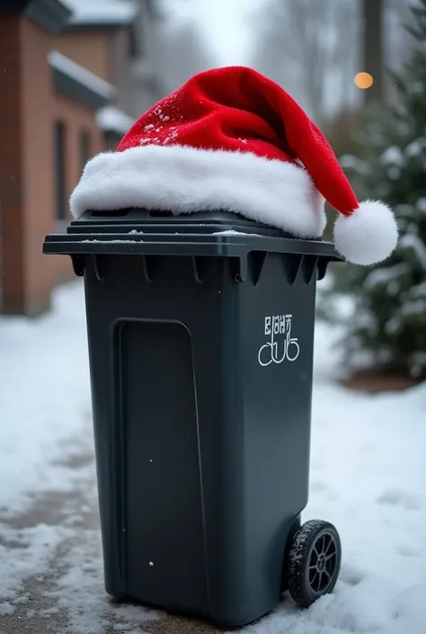 You are a professional photographer and make a realistic 4k . picture of a small black 120l garbage can that has a Santa Claus hat on ,  in the background you can see a mülldeponie,  it should be a post for Instagram to greet Nokilaus, auf der mülltonne is...