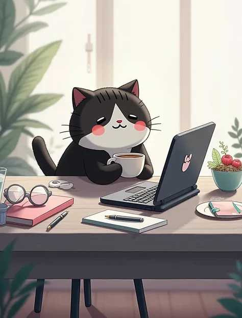 
"A cute and chubby white cat sitting at a wooden desk in a cozy  environment, holding a steaming cup of coffee with a calm and satisfied expression. The cat has soft pink blush on its cheeks and is surrounded by simple yet charming objects like a sleek bl...