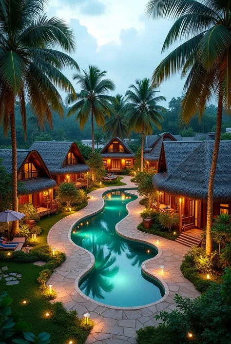  I want a farm hotel with the theme of tropical landscaping,  reminding me a lot of the south of the country in terms of flowers . I want houses ,  lighting ,  especially in the coconut trees near the pool ,  I want harmony both in color , As for symmetry ...