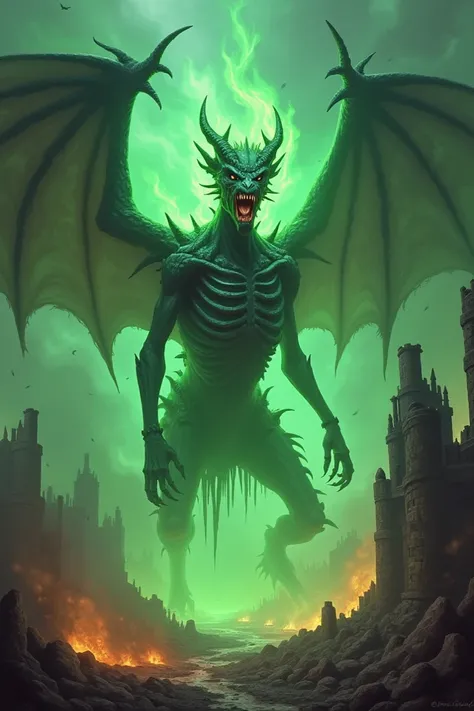 "A fantasy colossal undead dragon, wreathed in green fire, soars over the ruins of a destroyed kingdom. Its skeletal frame and glowing flames exude a terrifying, supernatural presence. The devastated kingdom below lies in ruins, with crumbled structures an...