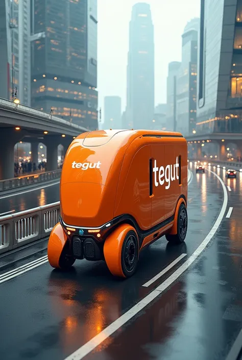 Create a Tegut truck with the color organg photo from above and its stuck in traffic on a modern highway in the future