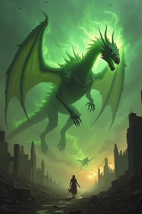 "A fantasy colossal skeletal dragon, wreathed in green fire, soars over the ruins of a destroyed kingdom. Its skeletal frame and glowing flames exude a terrifying, supernatural presence. The devastated kingdom below lies in ruins, with crumbled structures ...