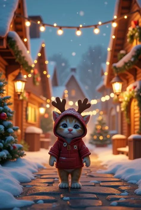 A cozy Christmas village at night, softly lit with warm golden lights strung across charming wooden houses. In the center of the scene, a cute kitten dressed in a reindeer-themed hoodie with antlers and a red nose stands on a snow-covered cobblestone stree...