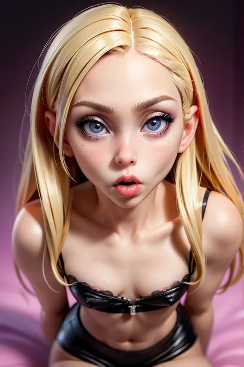 hyperrealistic american teen, blonde, little, perfect tiny body, sexy, dark makeup, perfect slim face, big red lips, very cute face, tiny body, big eyes, young looking, small, sucking penis