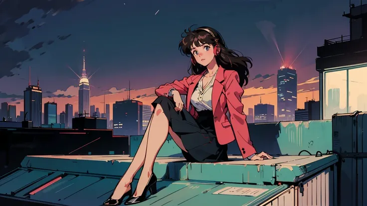 Best Quality, 8k, 1990s Style, 2010s Hairstyle , Very beautiful 21 year old girl sitting on a rooftop at night, overlooking a vibrant cityscape,  Black Hair ,Droopy eyes, Long Hair, Big Breasts, ((Wear big headphones)),  characters  I cant control my light...