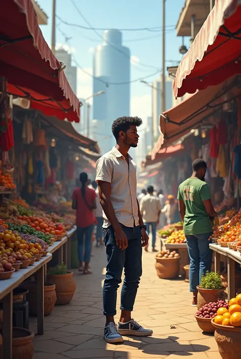  A young man stands in a busy market in Maputo,  surrounded by colorful stalls with tropical fruits , Spices and crafts .  In the background you can see modern buildings and roads .

