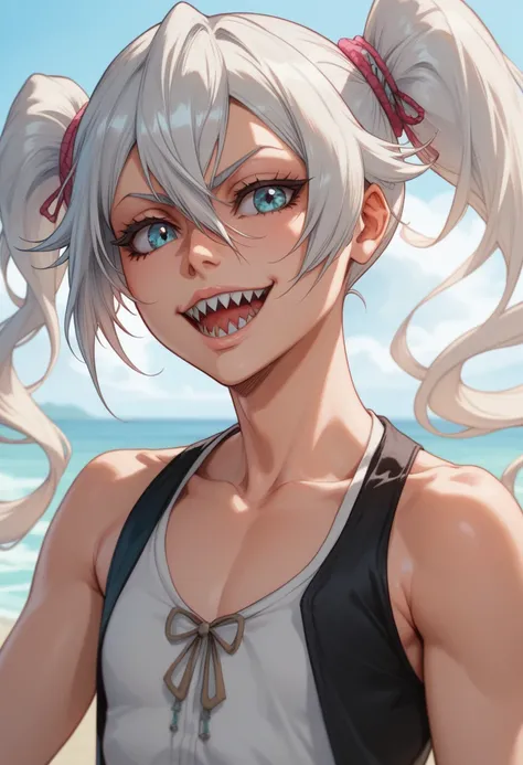 Gawr Gura (Virtual YouTuber) with long white hair and blue strands, along with short pigtails on either side of her head. Large cyan eyes and sharp teeth. Loli flat chest with casual outfit. (Bleach art style)